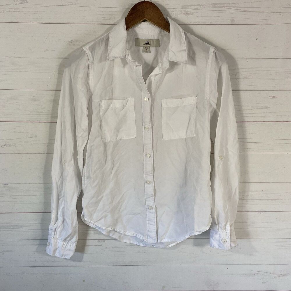 Thread + Supply Womens White Button Front Blouse XS Long Roll Tab Sleeve Tencel